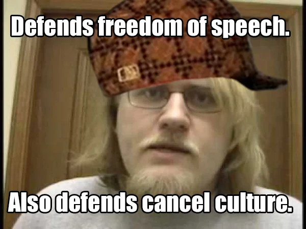 The Amazing Atheist — Scumbag hat meme of TheAmazingAtheist with captions about defending free speech and cancel culture.