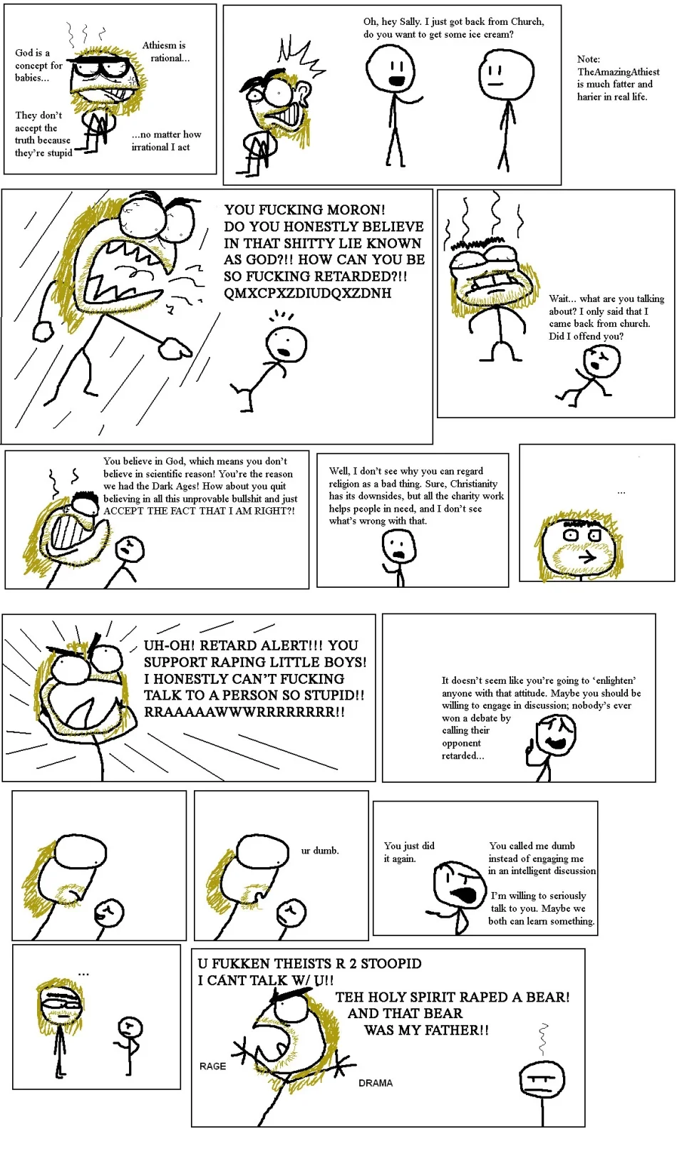 The Amazing Atheist — Hand-drawn stick figure comic parody of TheAmazingAtheist aggressively arguing with a theist.
