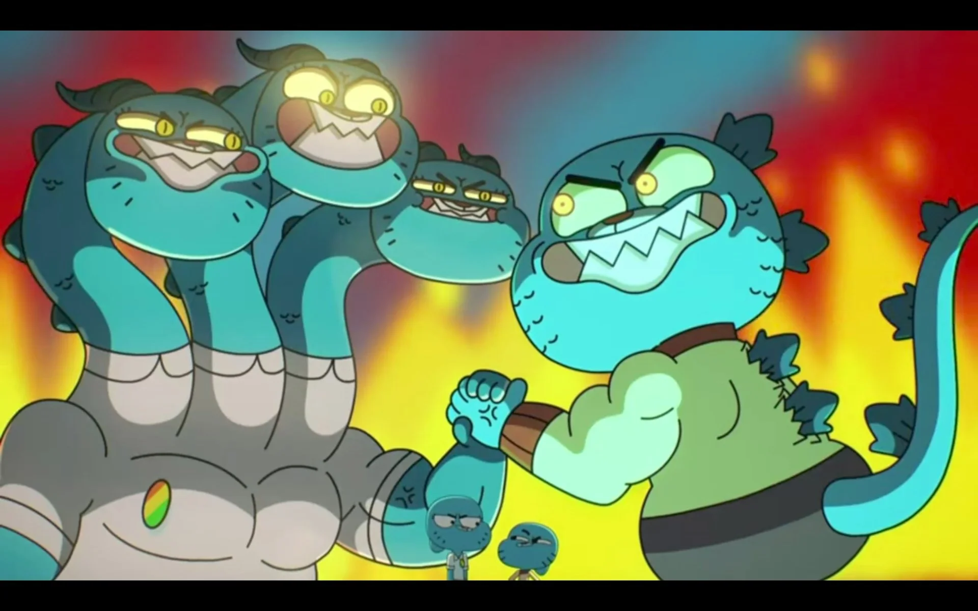 The Amazing World Of Gumball — Multi-headed monstrous Rerun Gumball antagonists facing the Wattersons amid flames
