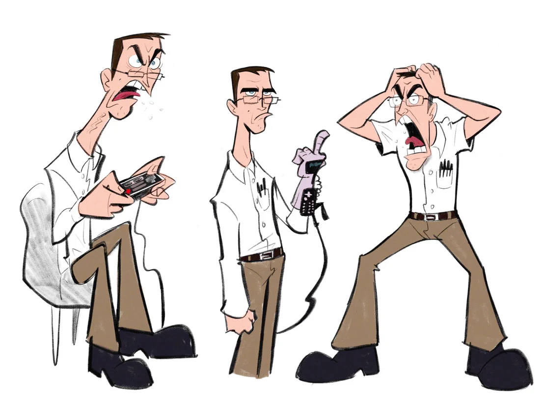 Three-pose cartoon turnaround of the Angry Video Game Nerd character