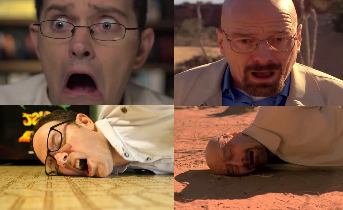 The Angry Video Game Nerd — Comparison meme of AVGN and Walter White showing matching shocked and face-down shots
