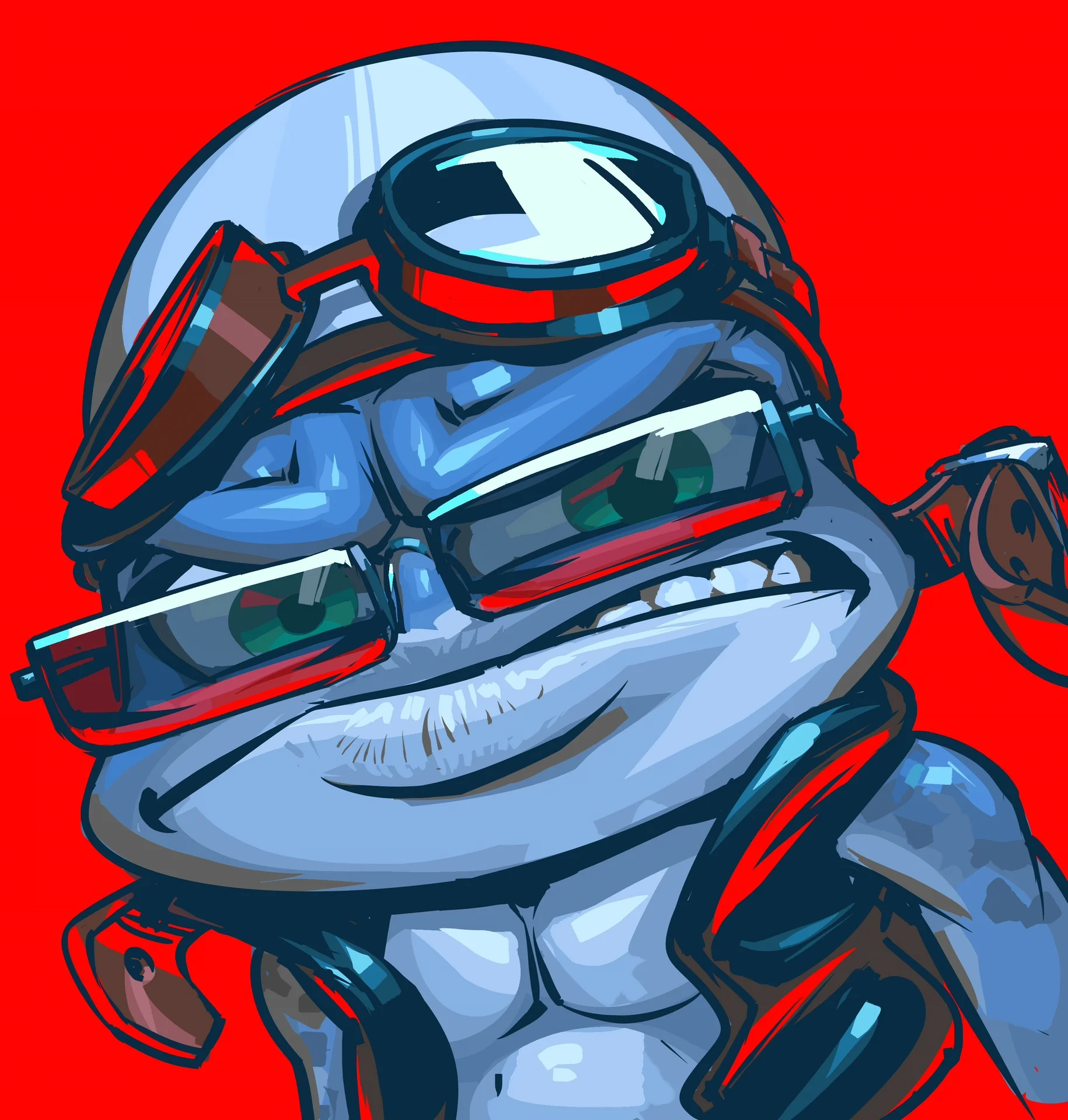 The Annoying Thing — Detailed fan art portrait of Crazy Frog wearing sunglasses on red background