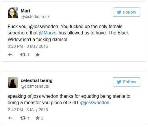 The Avengers — Twitter screenshot of users criticizing Joss Whedon as sexist after Avengers Age of Ultron