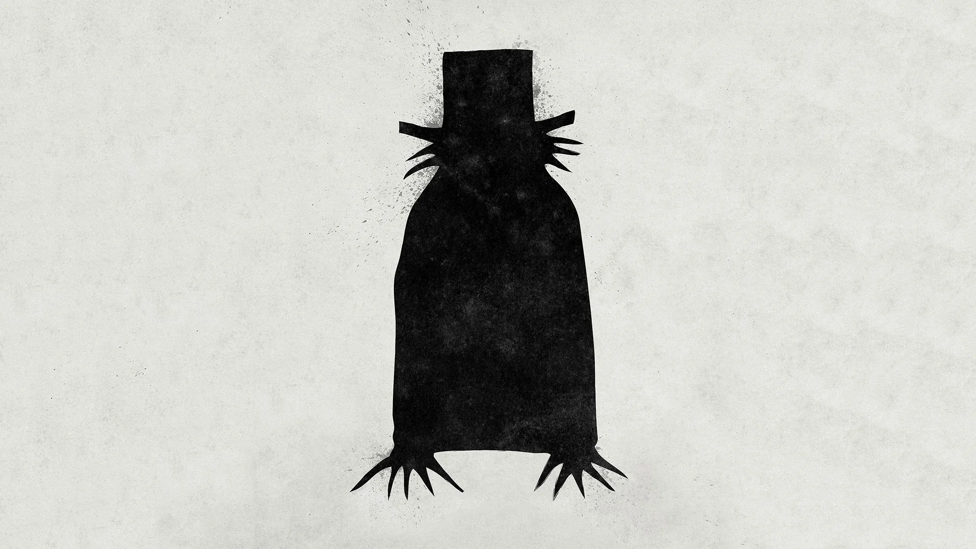 Black silhouette of the Babadook monster wearing a top hat with sharp claws on a light grey background