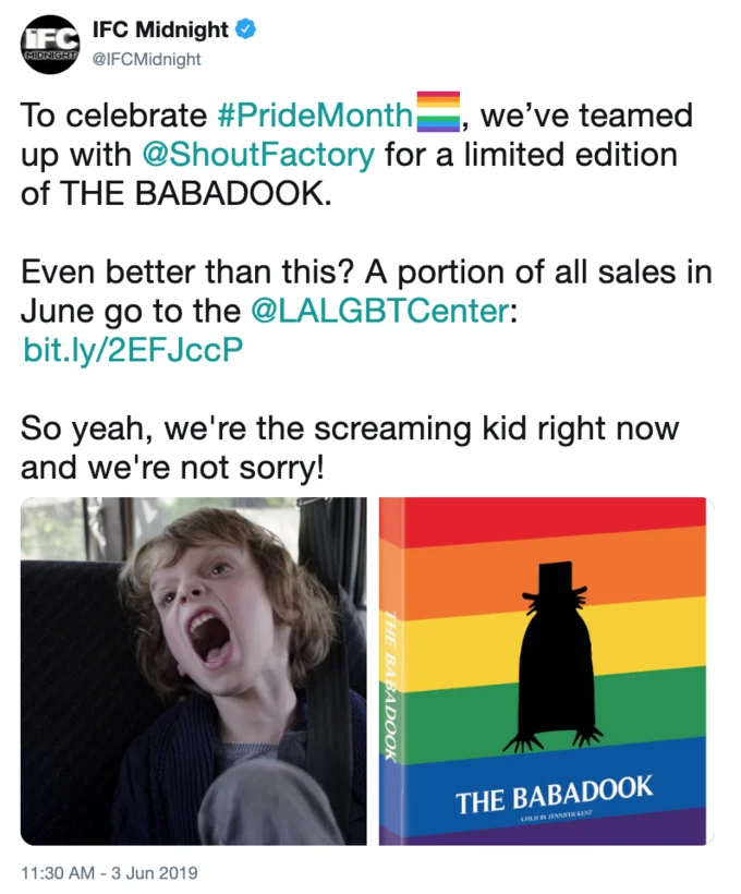 The Babadook — IFC Midnight tweet announcing a Pride Month limited edition Babadook release with rainbow Blu-ray cover