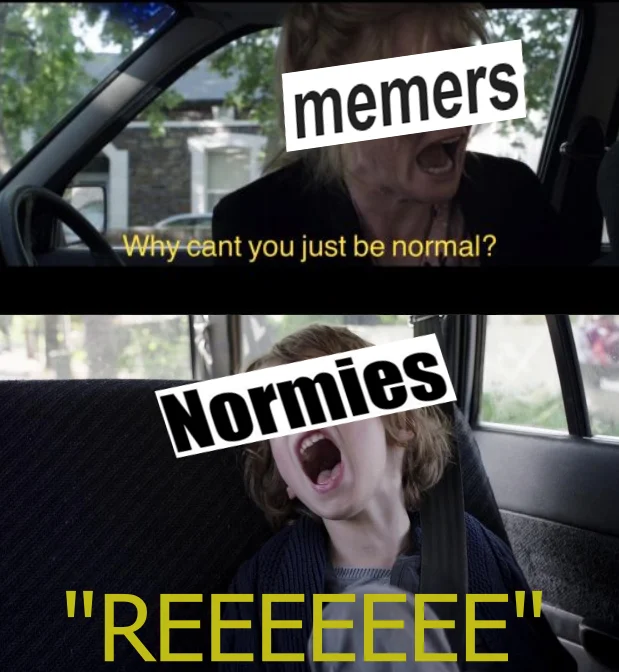 The Babadook — Two-panel meme using Babadook movie stills labeled memers and Normies with Amelia and screaming Samuel