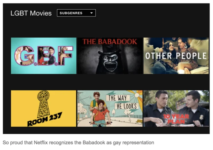 Netflix LGBT Movies category screenshot showing The Babadook listed among queer films