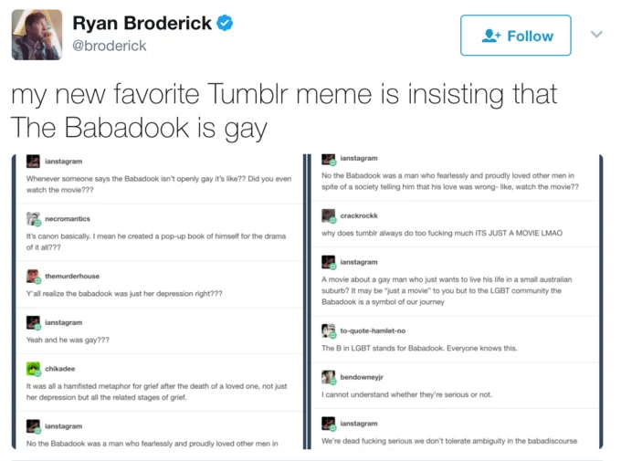 Ryan Broderick tweet about a Tumblr meme insisting The Babadook is gay with Tumblr post screenshots