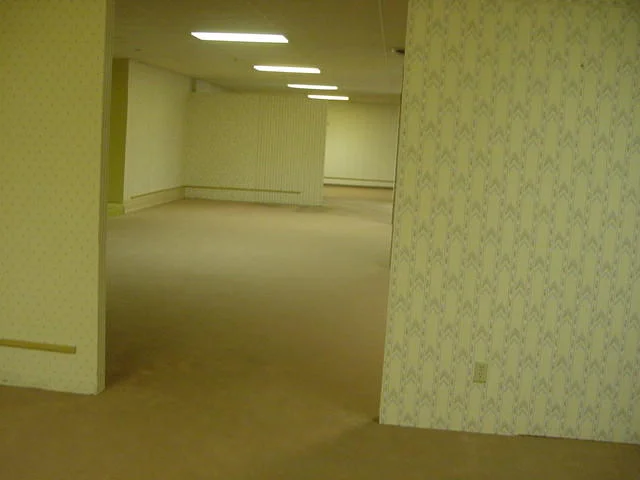The Backrooms — Photograph of empty eerie yellow-carpeted hallway with fluorescent ceiling lights and 1990s office aesthetic.