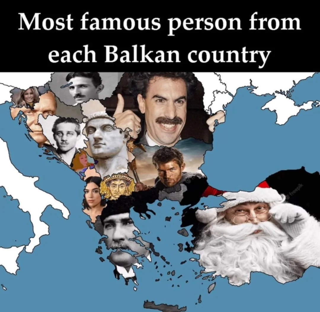 The Balkan Dwarf — Balkan region map with famous historical and contemporary figures overlay.