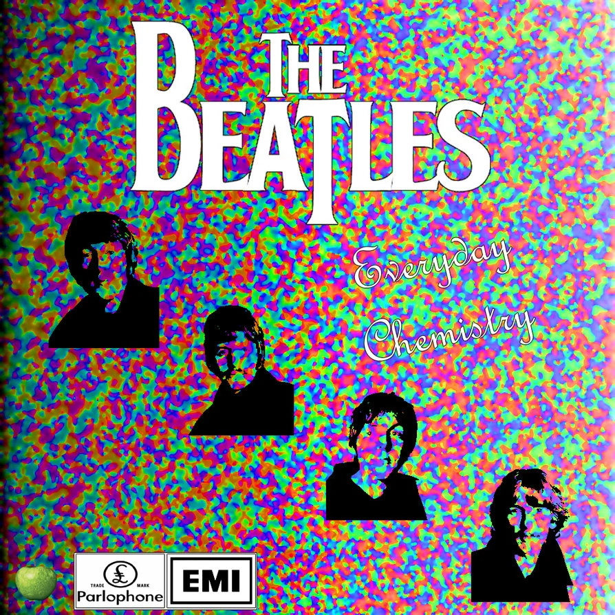 The Beatles Never Broke Up (Everyday Chemistry) — Psychedelic rainbow-speckled Beatles 'Everyday Chemistry' album cover with four silhouettes