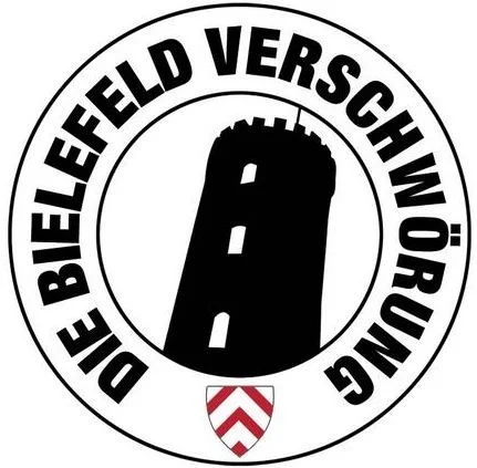 The Bielefeld Conspiracy — Circular black and white logo reading 'Die Bielefeld Verschwörung' around the Sparrenburg tower silhouette