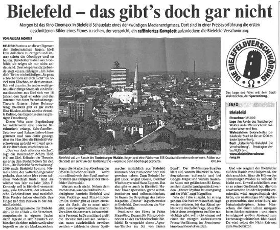 Scanned German newspaper article about the Bielefeld Conspiracy with a cityscape photo