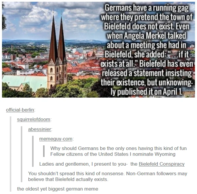 Tumblr thread explaining the Bielefeld Conspiracy over an aerial photo of the city