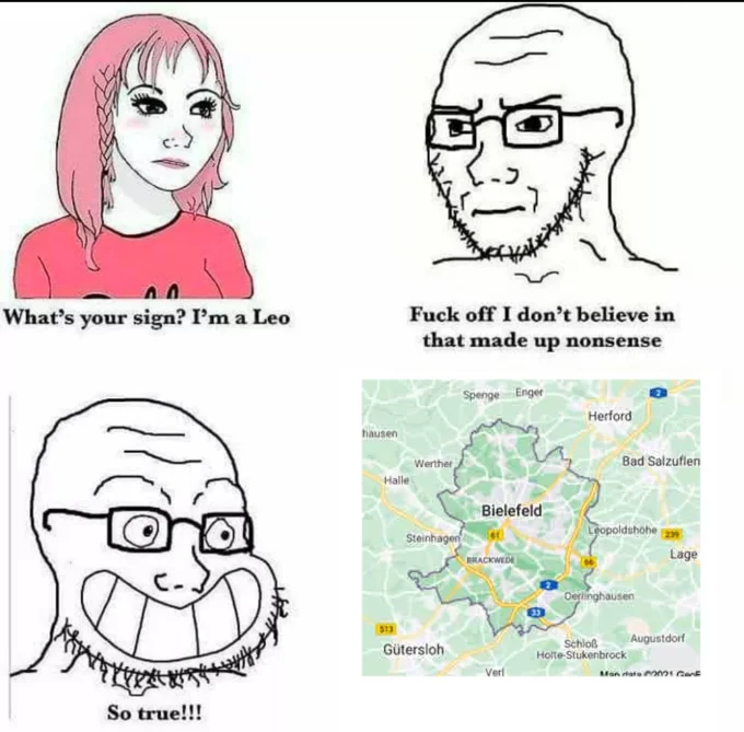 The Bielefeld Conspiracy — Wojak meme comparing astrology belief to Bielefeld belief, with a map of the Bielefeld region