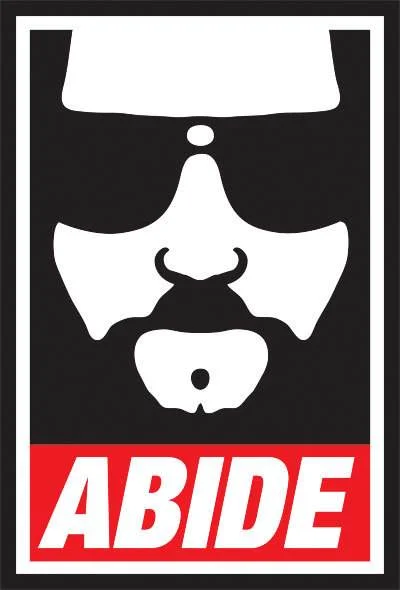 The Big Lebowski — Minimalist poster of The Dude's bearded face with sunglasses above a red 'ABIDE' banner.