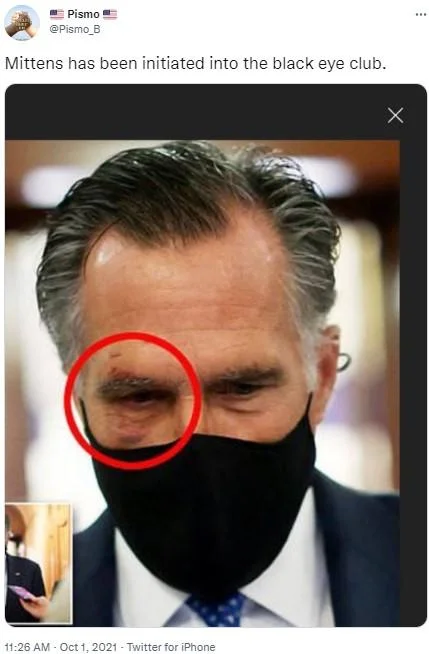 Twitter post about Mitt Romney joining the black eye club with a photo of him wearing a mask