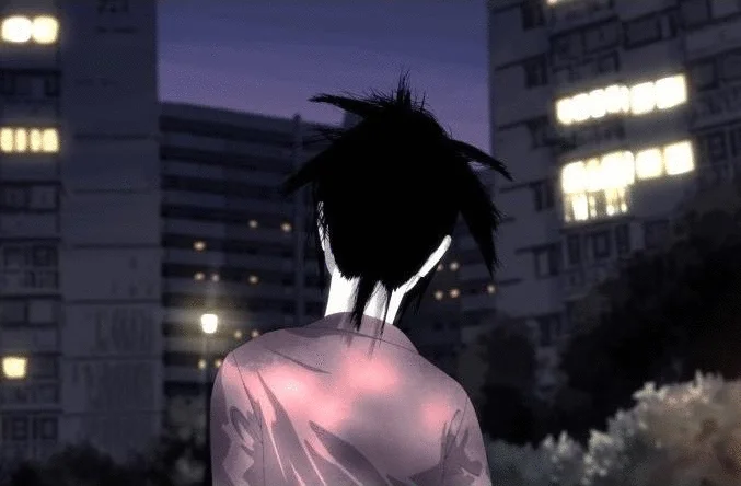 The Bongcheon-Dong Ghost — Animated webtoon panel showing the ghost from behind with black spiky hair