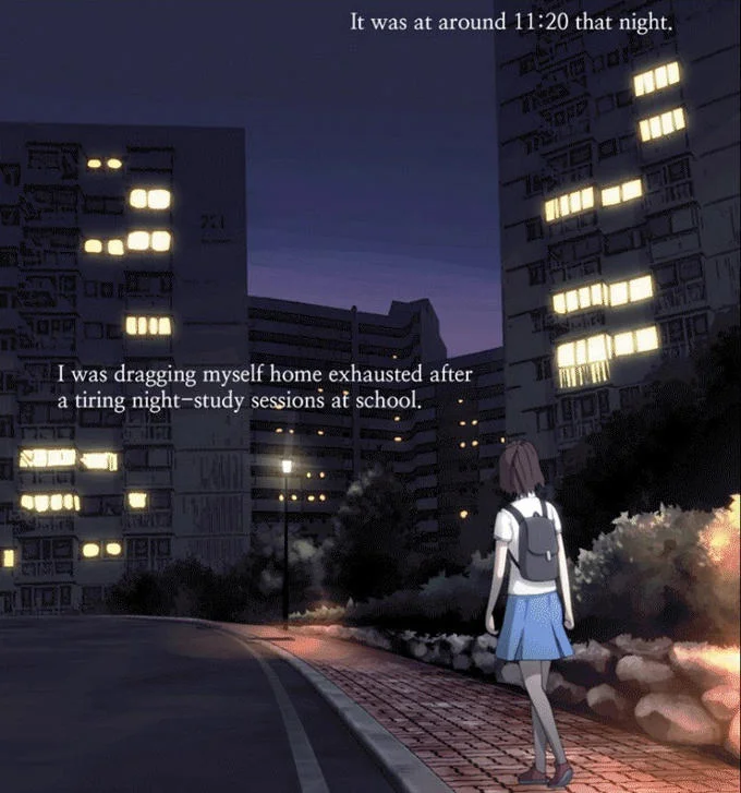 The Bongcheon-Dong Ghost — Webtoon panel of a schoolgirl walking home at night past apartment buildings with narration text
