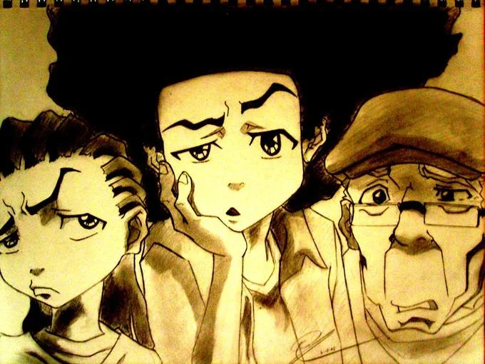 Hand-drawn pencil sketch of Riley, Huey, and Granddad from The Boondocks