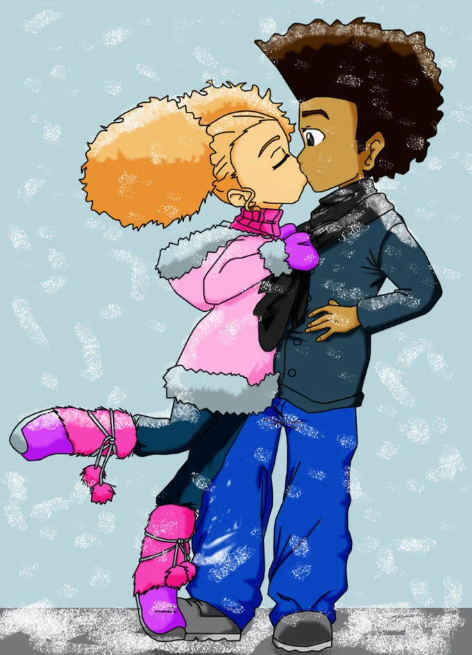Fan art of Huey and Jazmine from The Boondocks kissing in winter clothing