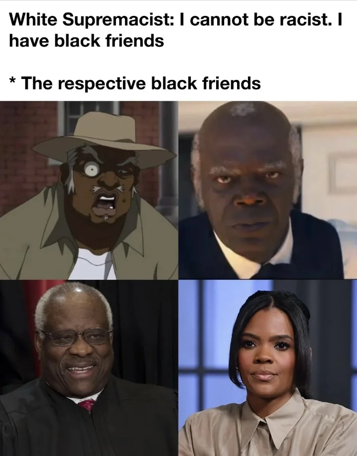 The Boondocks — Four-panel meme featuring Uncle Ruckus and three real-life public figures as 'respective black friends'
