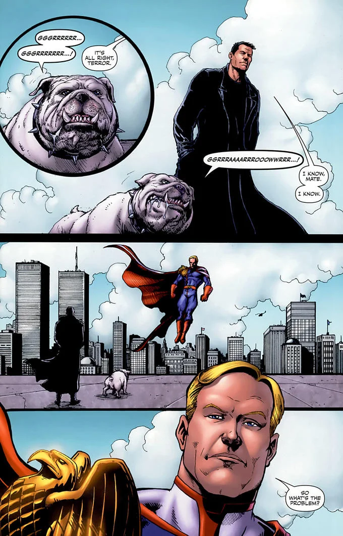 Comic book page from The Boys showing Butcher, Terror the dog, and a flying superhero