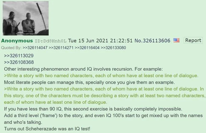 The Breakfast Question — 4chan follow-up post about recursion and Scheherazade IQ test
