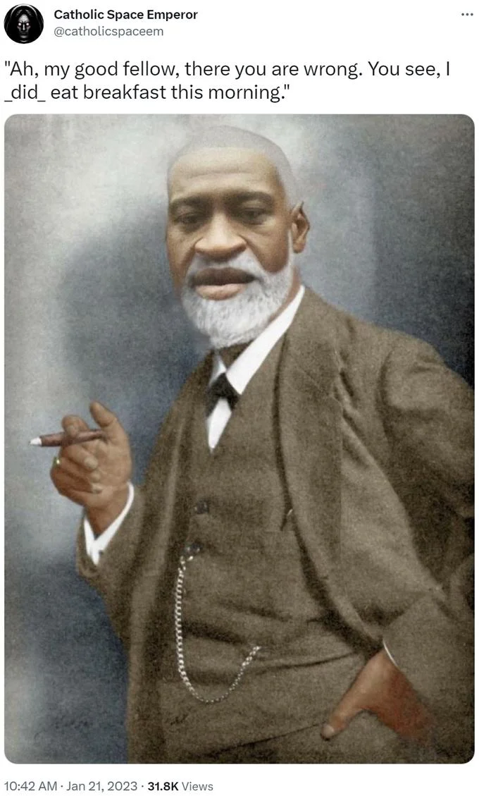 The Breakfast Question — Tweet applying breakfast question quote to edited portrait of Sigmund Freud