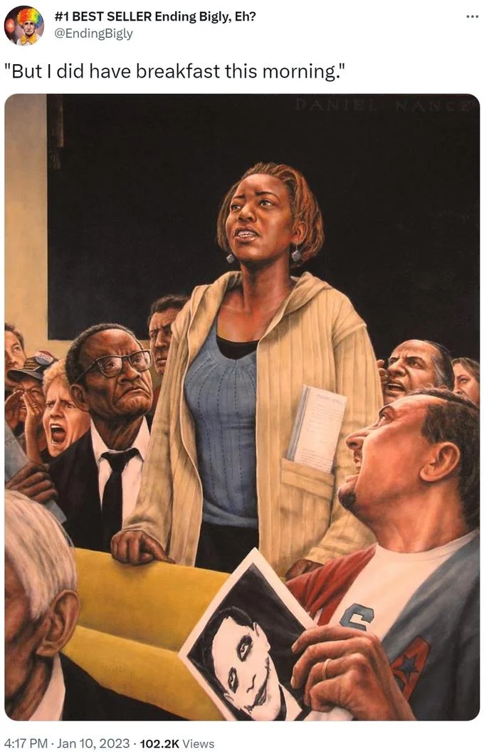 The Breakfast Question — Tweet with breakfast quote captioning a Daniel Nance painting of a woman surrounded by men