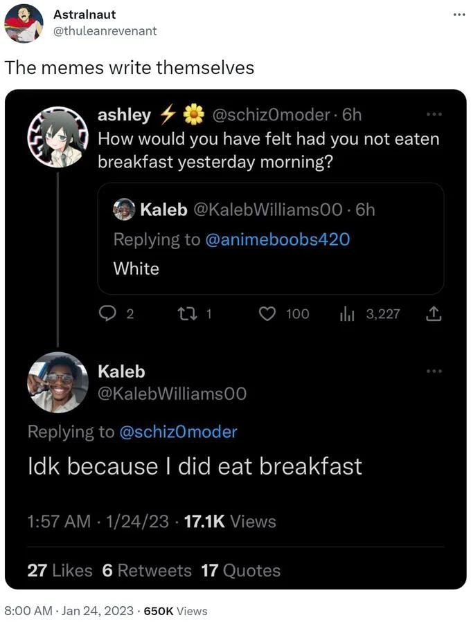 Tweet showing real Twitter exchange of the breakfast question hypothetical