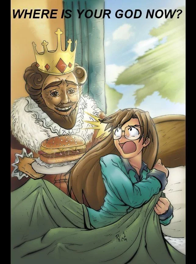 The Burger King — Anime art of Burger King handing burger to a scared girl in bed
