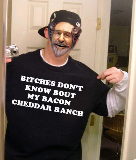 The Burger King — Man with tiny Burger King head wearing 'Bitches don't know bout my bacon cheddar ranch' shirt