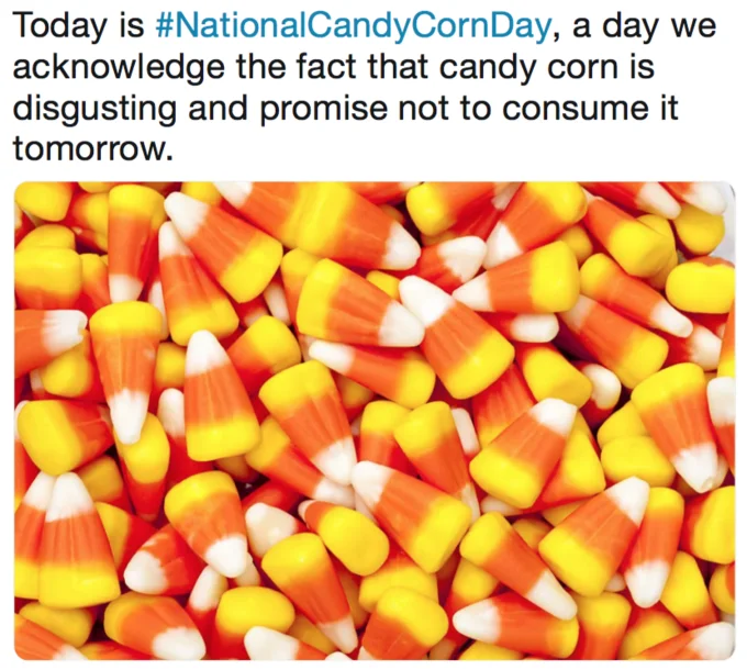 The Candy Corn Debate — Tweet with candy corn photo captioning it as disgusting confession.