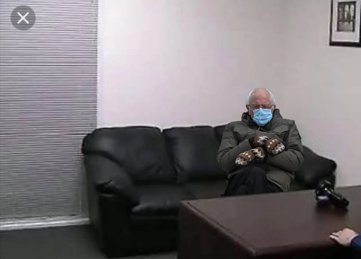 The Casting Couch — Casting couch room with the Bernie Sanders mittens meme photoshopped onto the couch