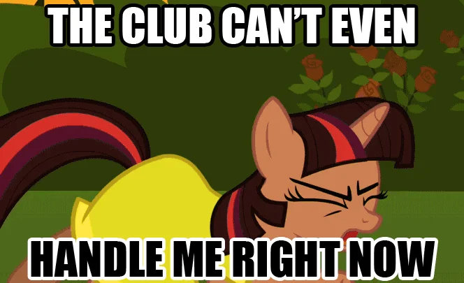 The Club Can't Even Handle Me Right Now — My Little Pony character grimacing with meme caption