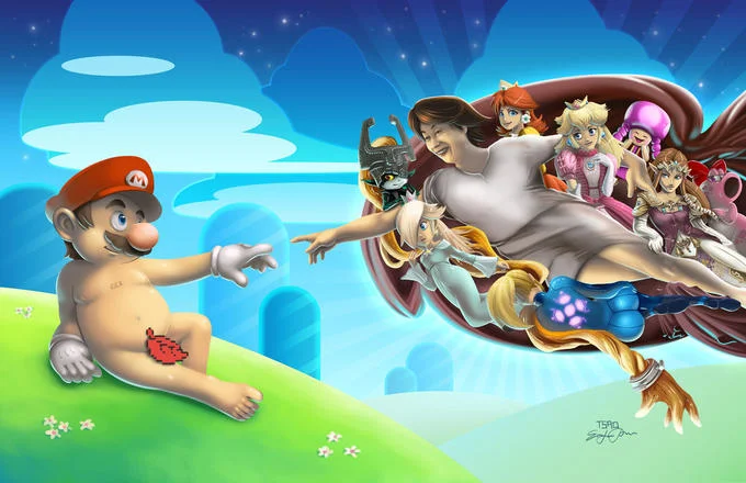 The Creation Of Adam Parodies — Fan art parody in Super Mario universe with characters as entourage.