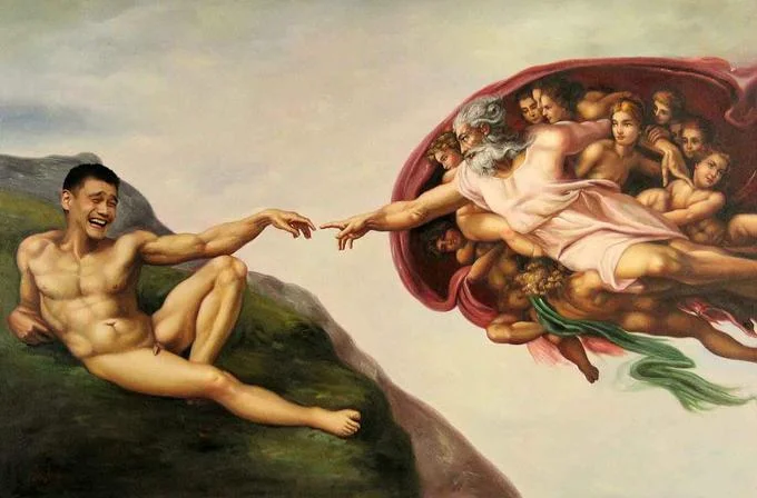 The Creation Of Adam Parodies — Photoshop parody with Yao Ming's face replacing Adam's head.