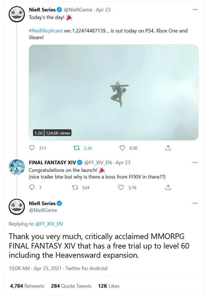 The Critically Acclaimed Mmorpg — Screenshot of NieR Series official account using the FF14 free trial copypasta in reply.