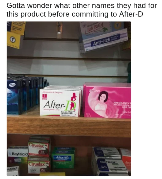 The D — Pharmacy shelf with After-D product captioned about product naming