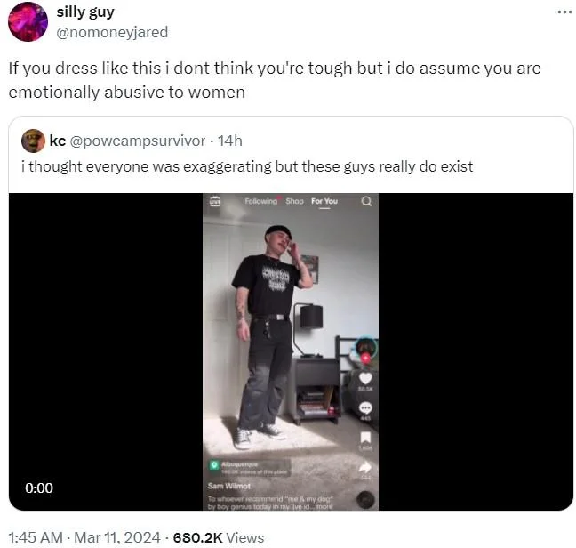 The Dichotomy Is Crazy — Quote tweet joking that Sam Wilmot's look signals emotional abusiveness toward women.