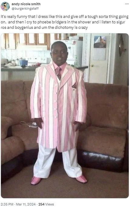 The Dichotomy Is Crazy — Tweet pairing dichotomy quote with photo of child in pink striped zoot suit.