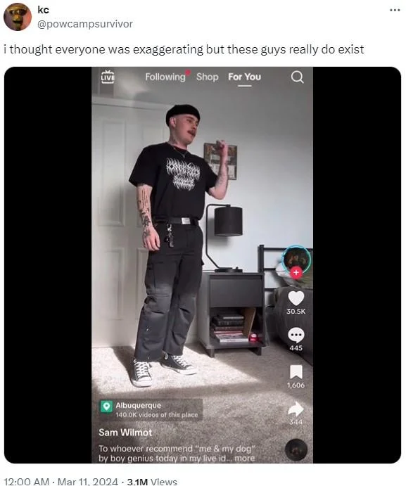 The Dichotomy Is Crazy — Tweet mocking Sam Wilmot's TikTok appearance saying these guys really do exist.