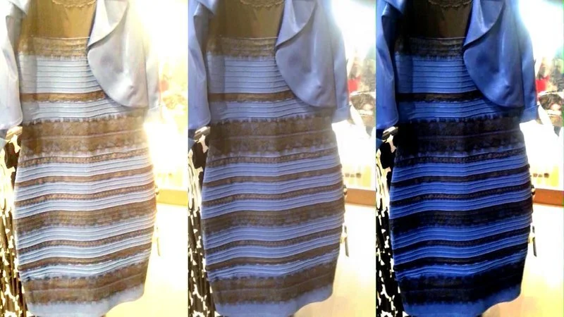 A three-panel comparison of the dress showing white/gold, neutral, and blue/black color variations demonstrating the optical illusion.