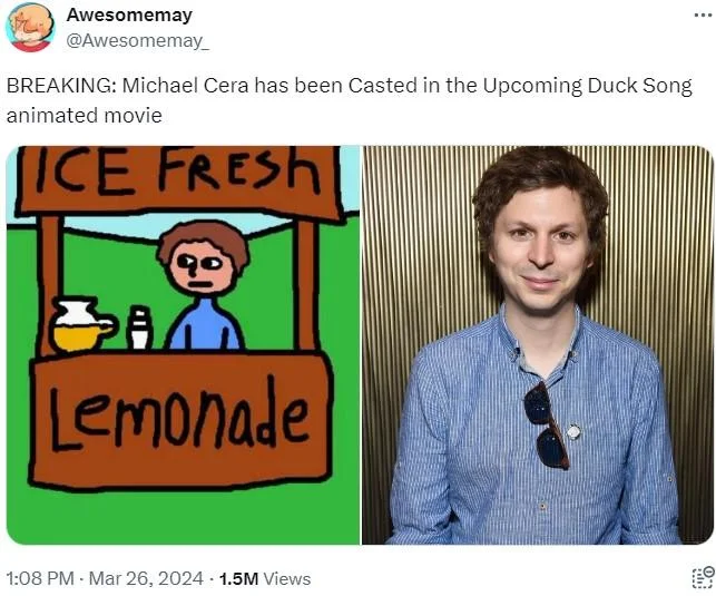 The Duck Song — Tweet joking Michael Cera cast in Duck Song movie comparing him to lemonade stand character