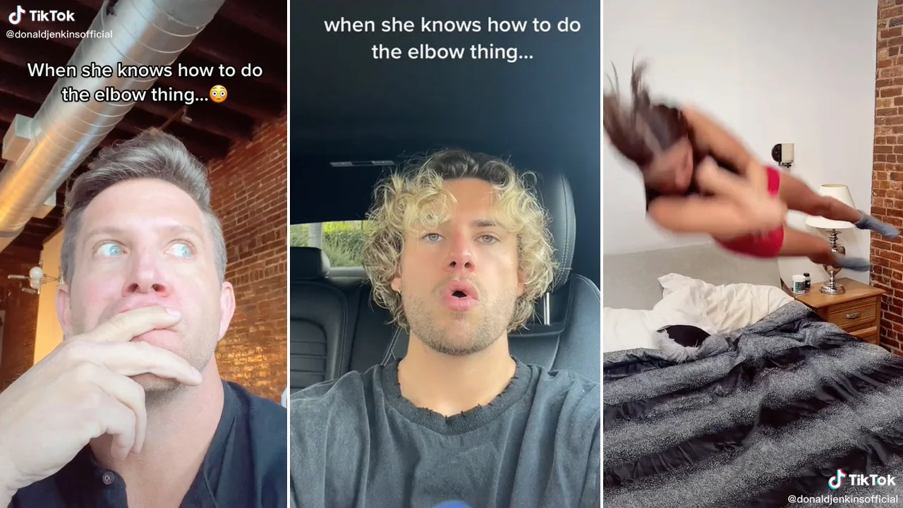 Three-panel TikTok screenshot showing two men looking impressed with text about 'the elbow thing' and a woman diving onto a bed
