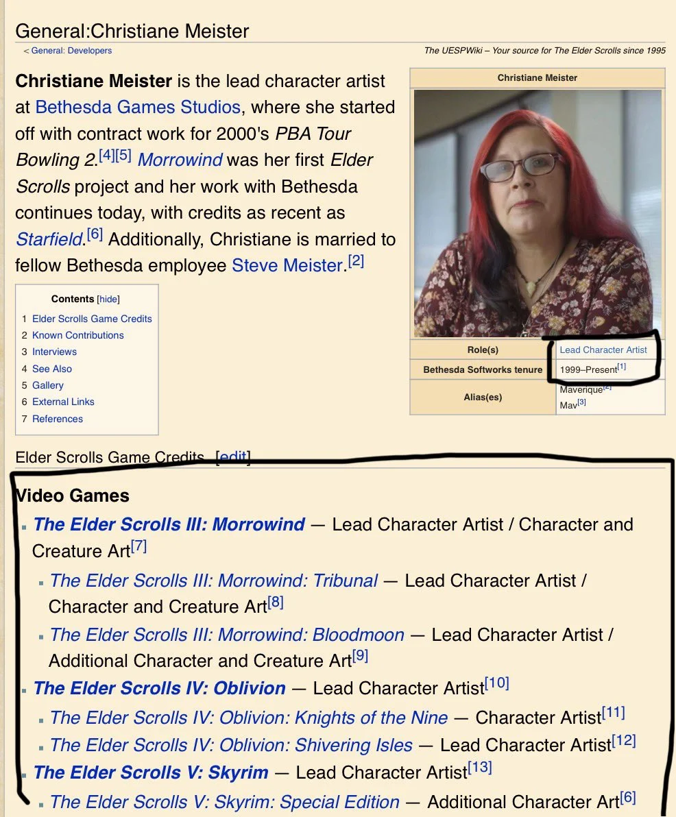The Elder Scrolls — UESPWiki entry for Christiane Meister, Bethesda lead character artist, with circled credits