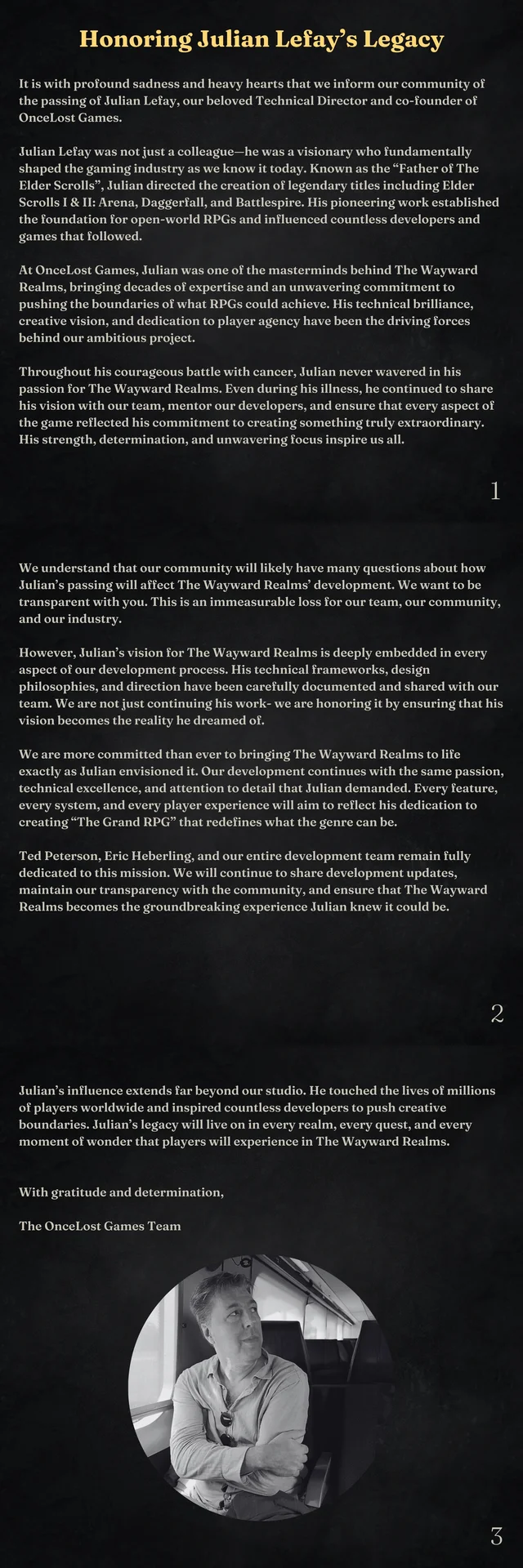 Memorial statement for Julian LeFay, Father of The Elder Scrolls, with his portrait