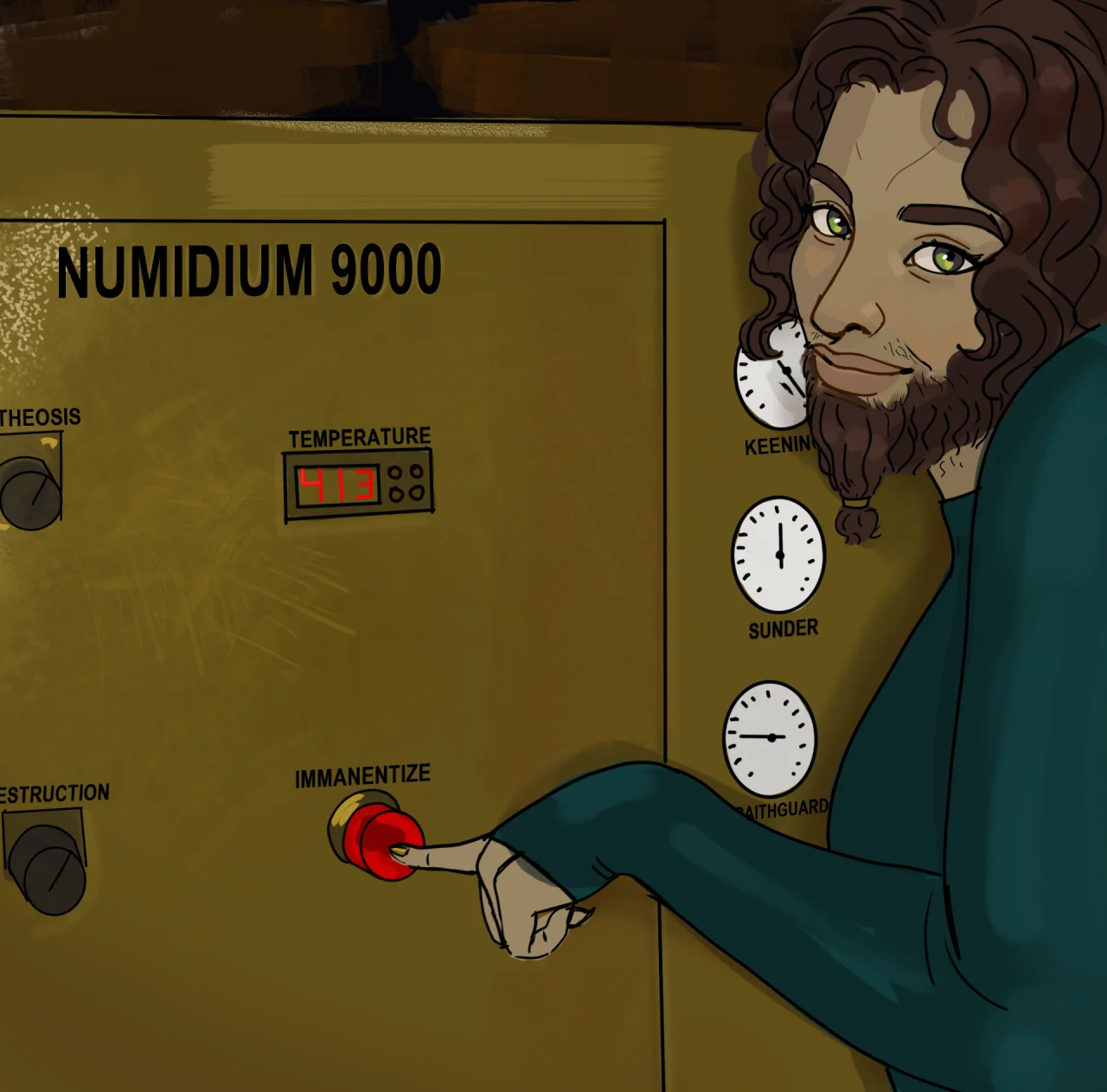 The Elder Scrolls — Cartoon of bearded man pressing Immanentize button on Numidium 9000 control panel