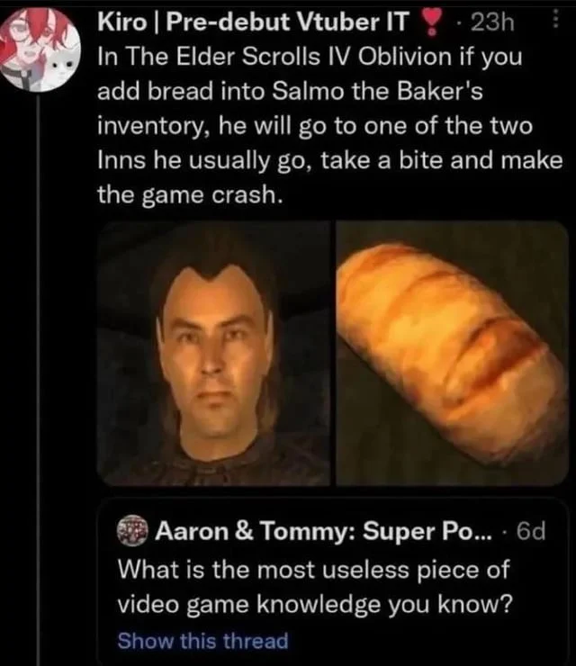 The Elder Scrolls — Tweet about Oblivion Salmo the Baker bread crash bug with NPC and bread images